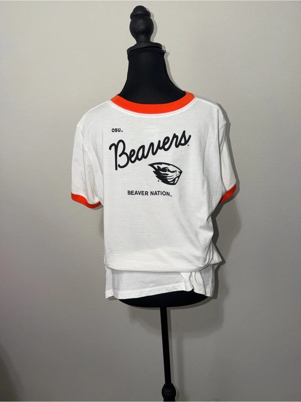 Beavers OSU Ringer T-Shirt in White with Orange Trim